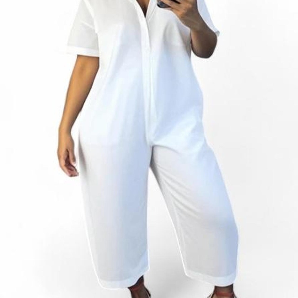 UOOZEE Women's Loose Short Sleeve Buttoned White Lapel Jumpsuit with Pockets